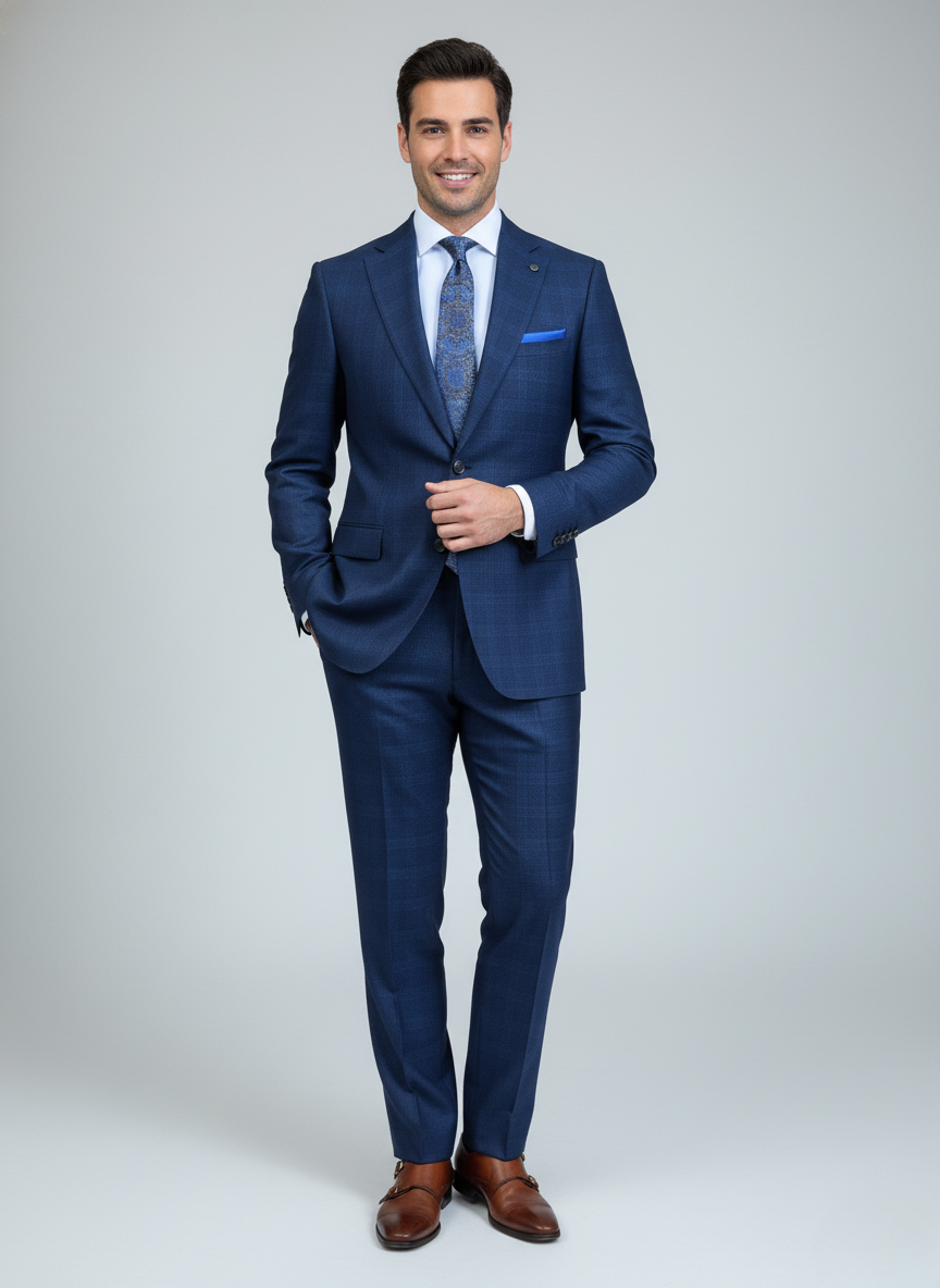 Navy Blue Classic Check Suit – Subtle Pattern Finish