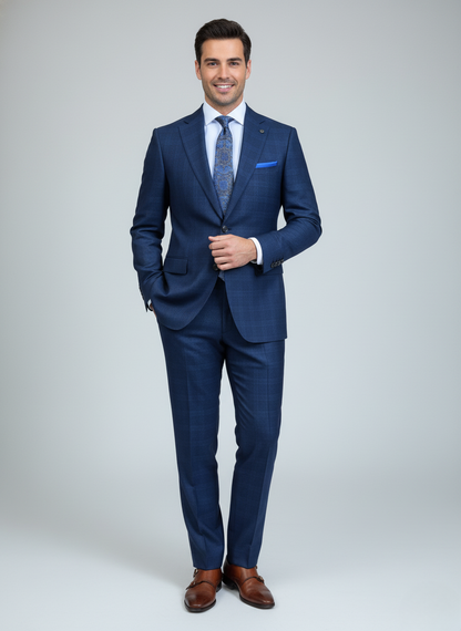 Navy Blue Classic Check Suit – Subtle Pattern Finish