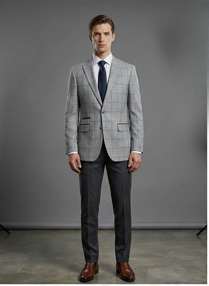 Grey Windowpane Sport Jacket with Brown Suede Elbow Patches