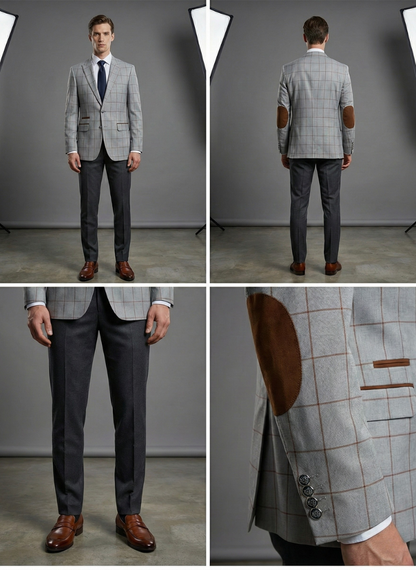 Grey Windowpane Sport Jacket with Brown Suede Elbow Patches