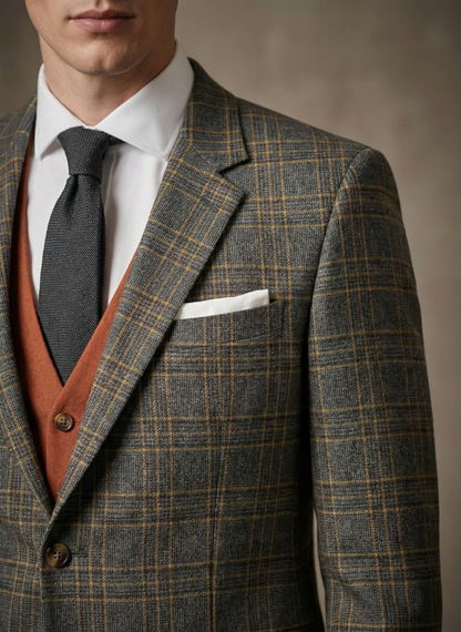 Men’s Charcoal Windowpane Suit with Burnt Orange Vest