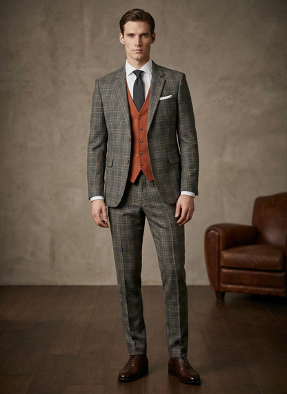 Men’s Charcoal Windowpane Suit with Burnt Orange Vest