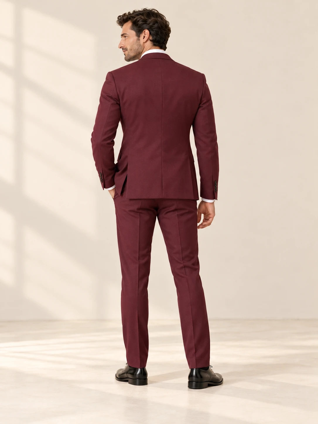 Burgundy suit, back view showing jacket fit