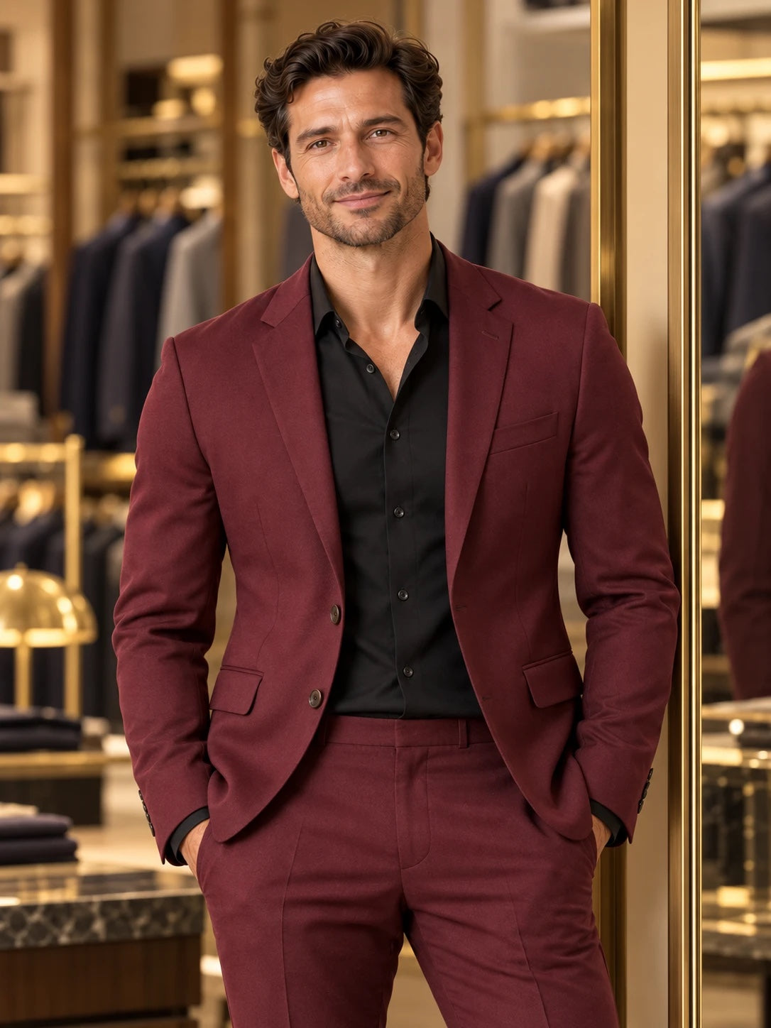 Burgundy suit worn relaxed with a black open-collar shirt