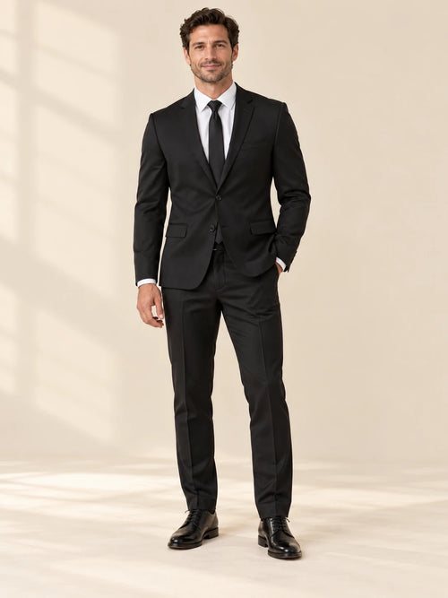 Black suit, front view, white shirt and black tie