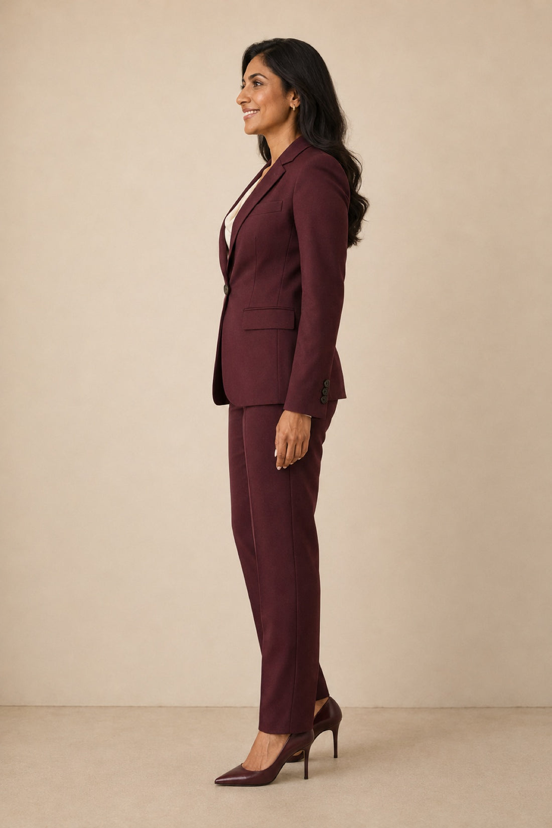 Burgundy pantsuit — side profile