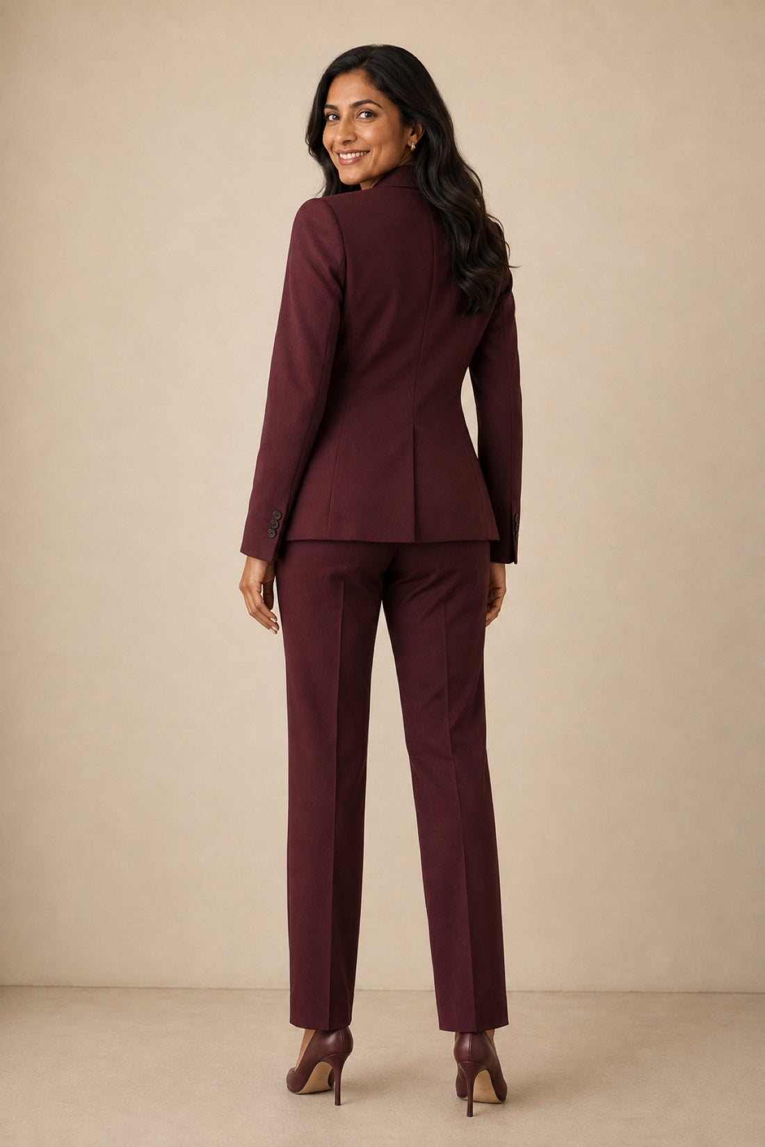 Burgundy suit — over-the-shoulder back view