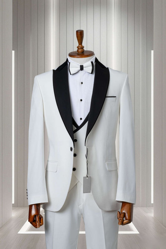 Classic White Tuxedo with Black Satin Lapel - ABR Custom Tailors