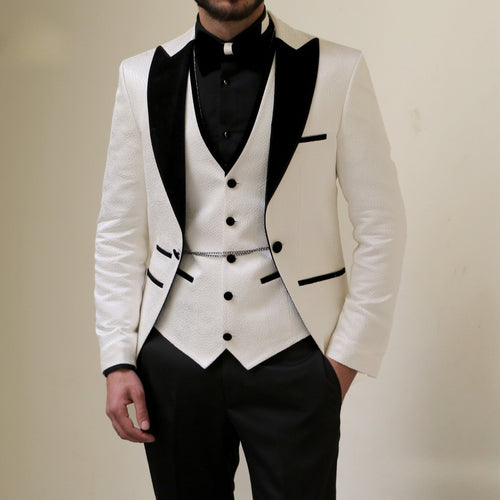 Elegant Ivory Tuxedo with Black Velvet Accents 3 - Piece TUX - ABR Custom Tailors