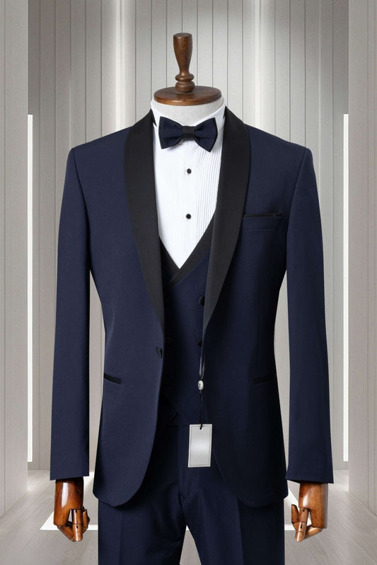 Elegant Navy Textured Tuxedo with Black Satin Accents - ABR Custom Tailors