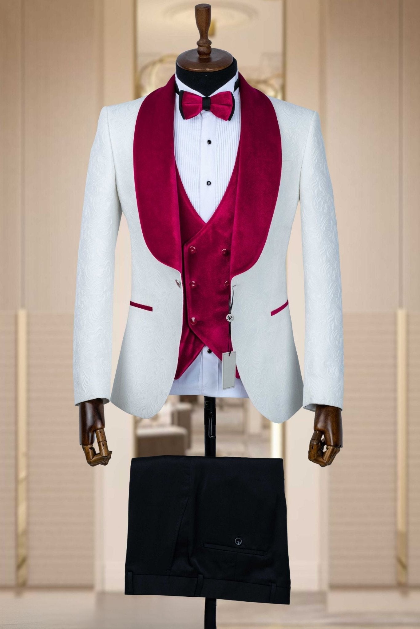 Elegant White and Burgundy Groom's Tuxedo - Perfect for Weddings - ABR Custom Tailors