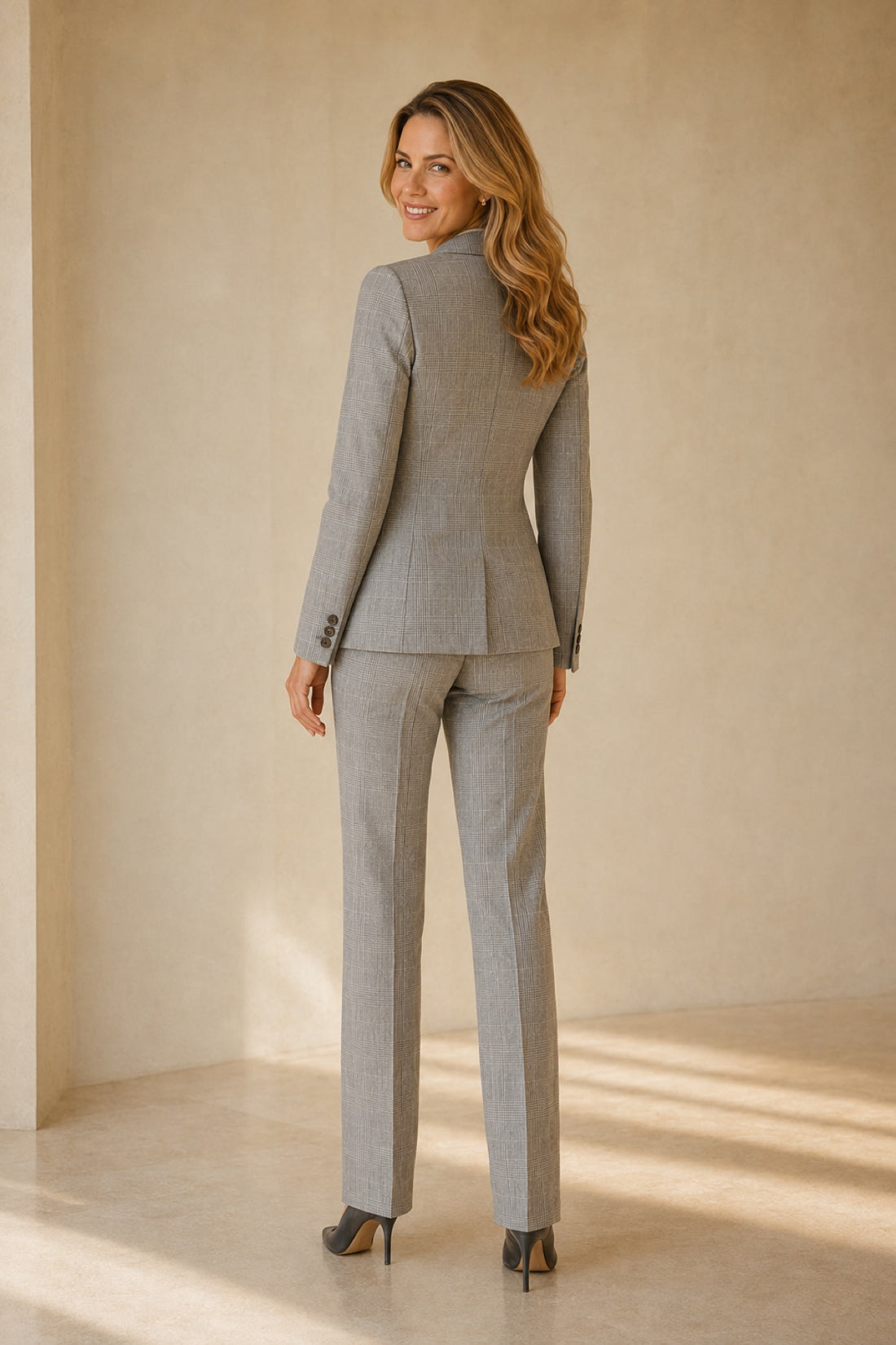 Glen plaid pantsuit — back view