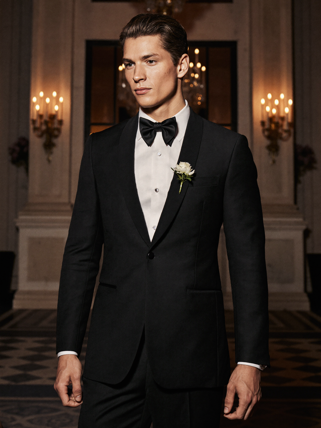 Midnight notch-lapel tuxedo with black bow tie in a candlelit ballroom