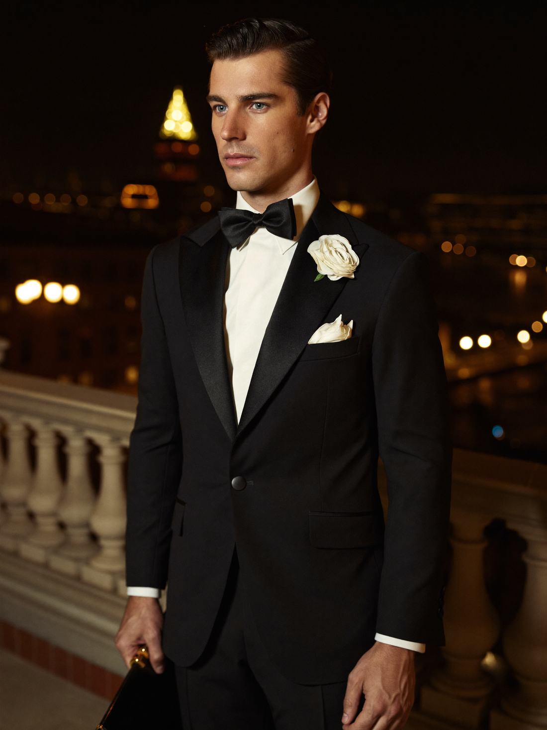 Black peak-lapel tuxedo on a city terrace at night