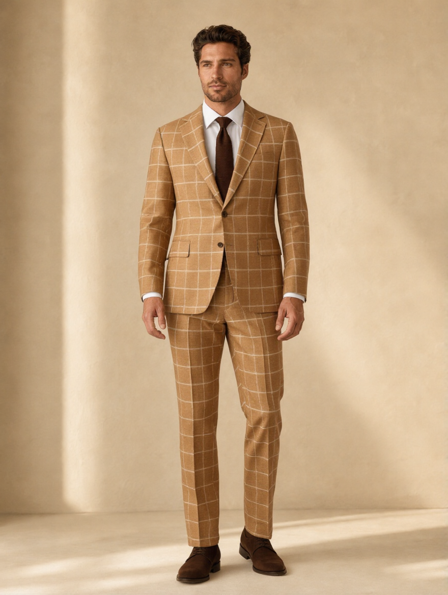 Tan windowpane suit with brown knit tie — front view