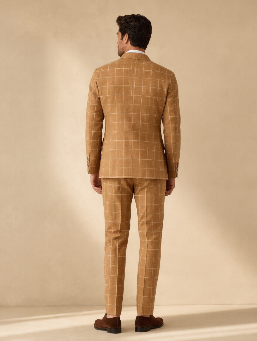 Tan windowpane suit — back view