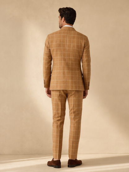 Tan windowpane suit — back view
