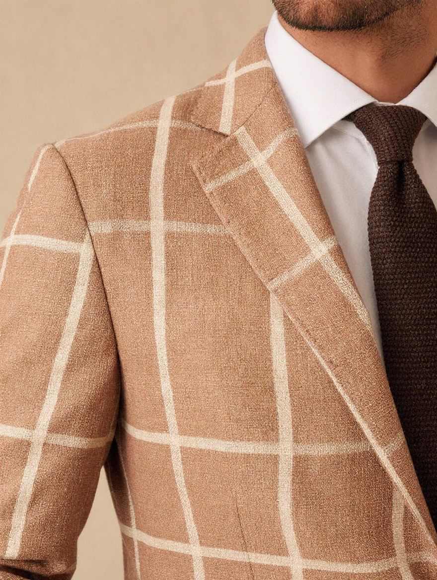 Tan windowpane fabric close-up with chocolate knit tie