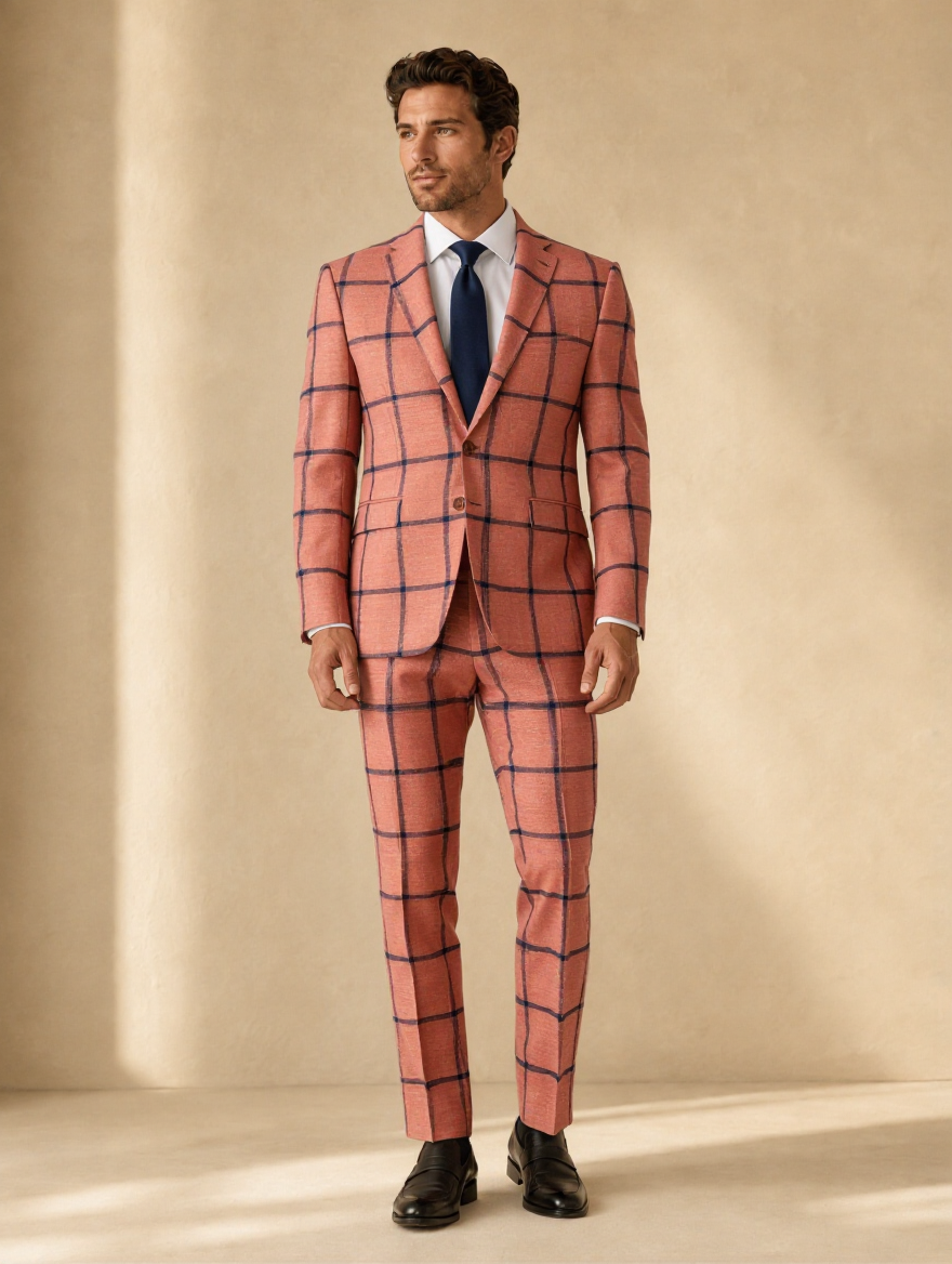 Salmon suit with navy windowpane and navy tie — front view