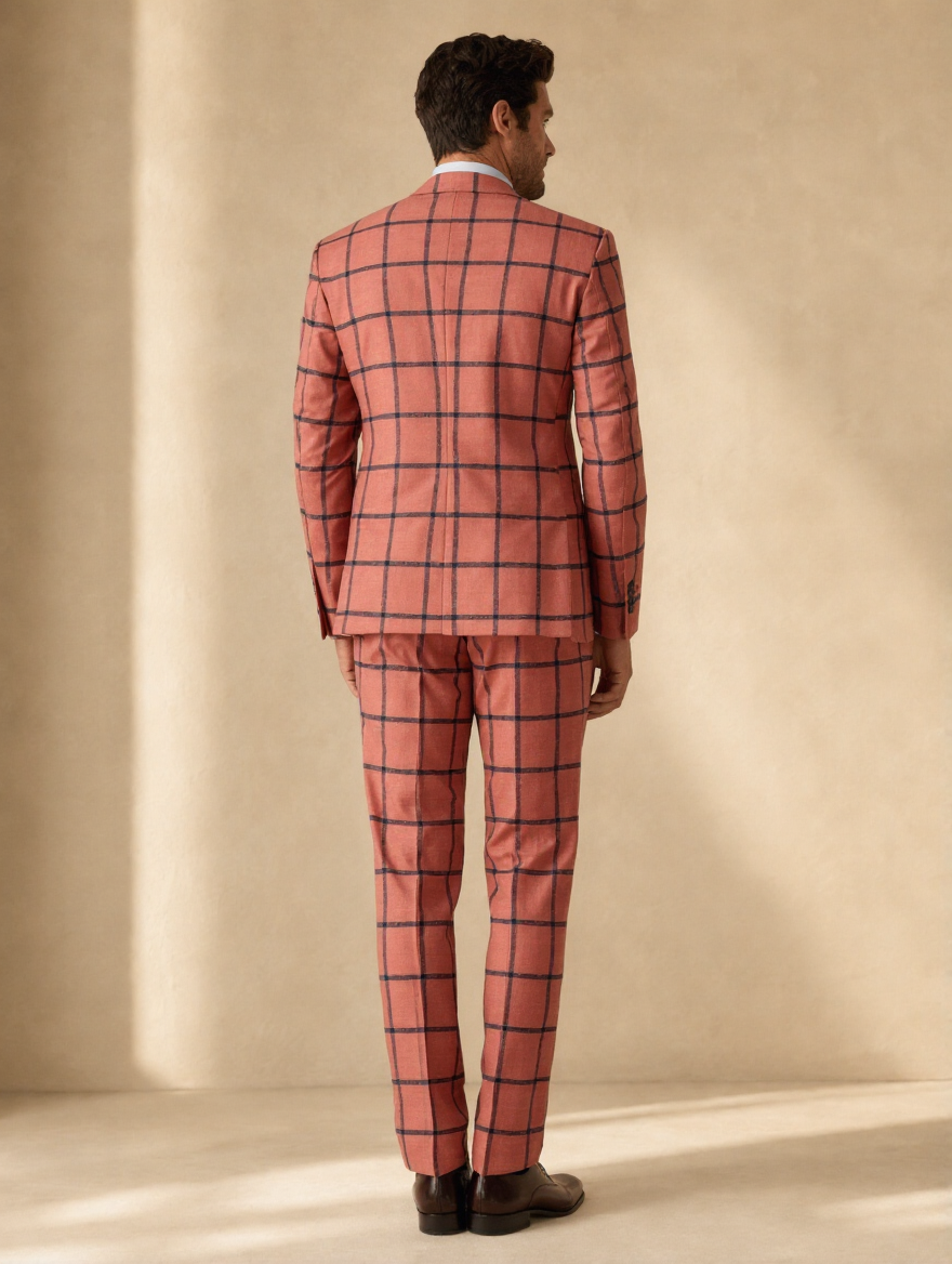 Salmon navy windowpane suit — back view