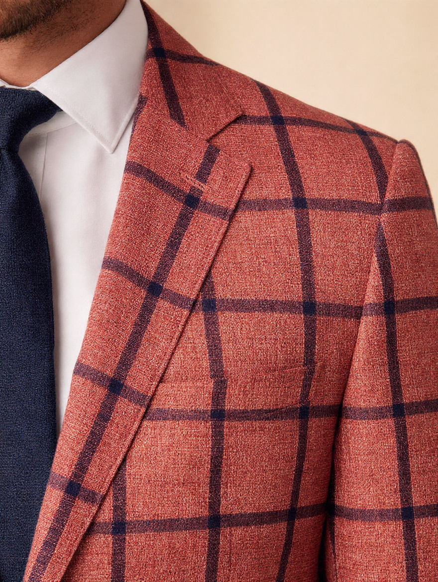 Salmon and navy windowpane fabric close-up with navy silk tie