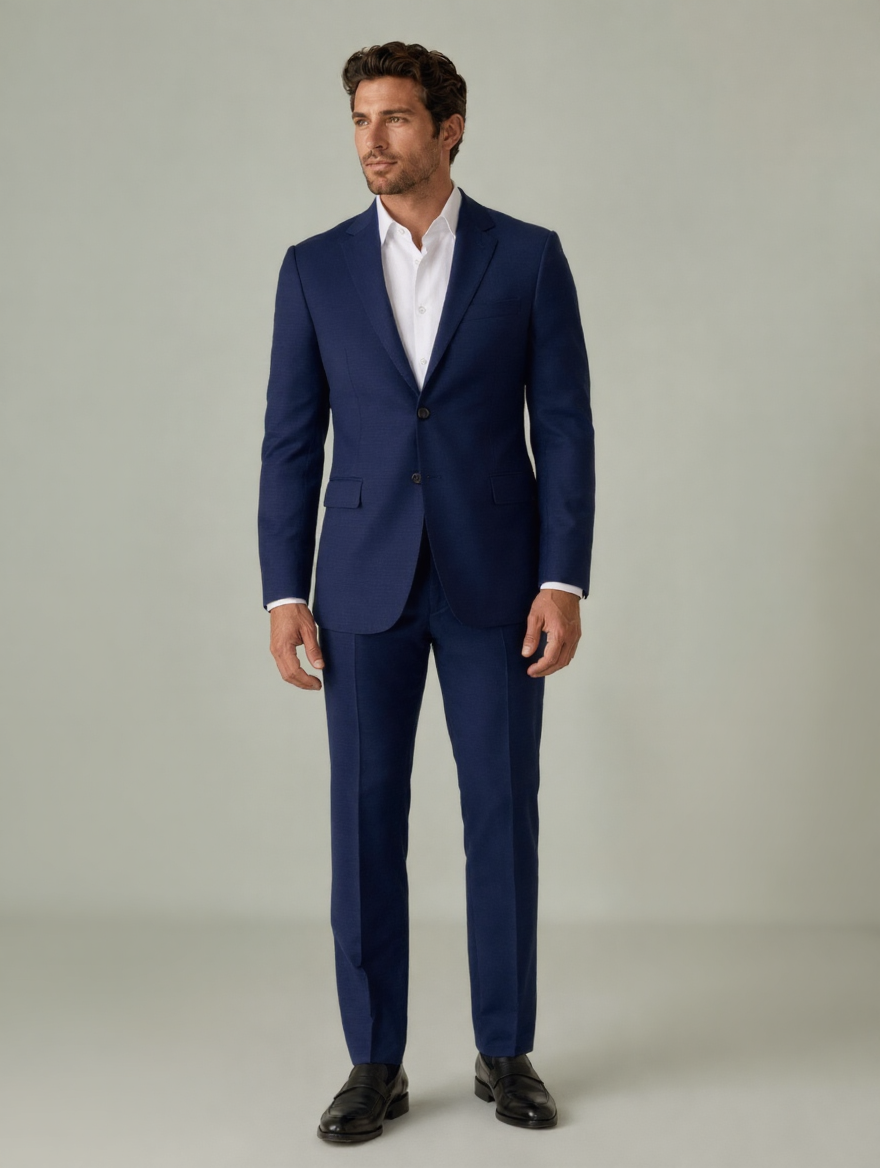 Mid-navy tailored fit suit in tropical wool — front view