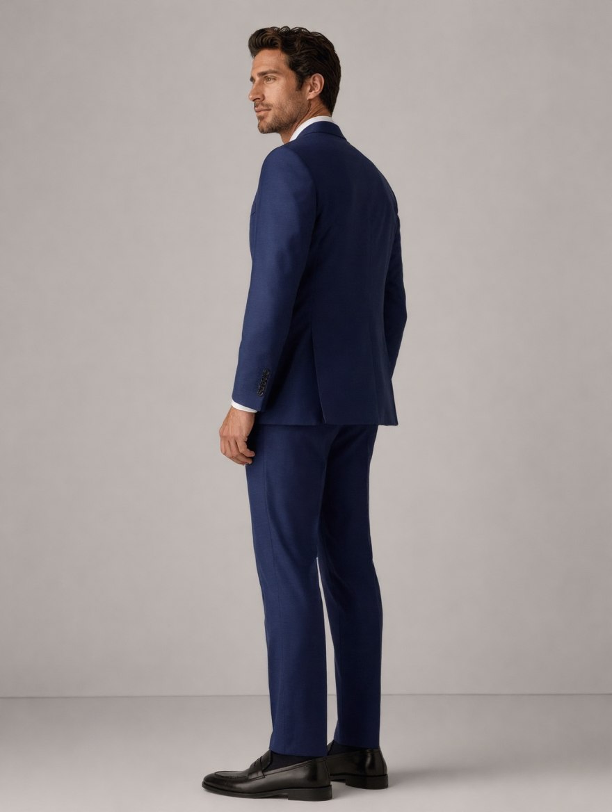 Mid-navy tailored suit — three-quarter side view showing the drape