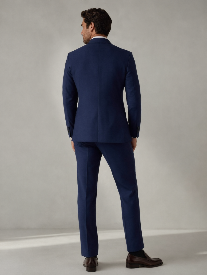 Mid-navy tailored suit — back view with center vent