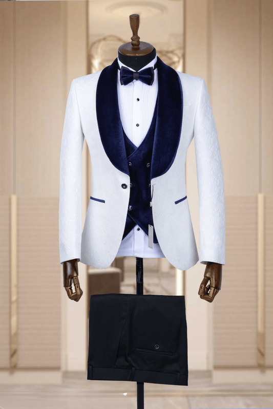 Ivory Tuxedo with Dark Navy Blue Velvet Accents for Grooms - ABR Custom Tailors