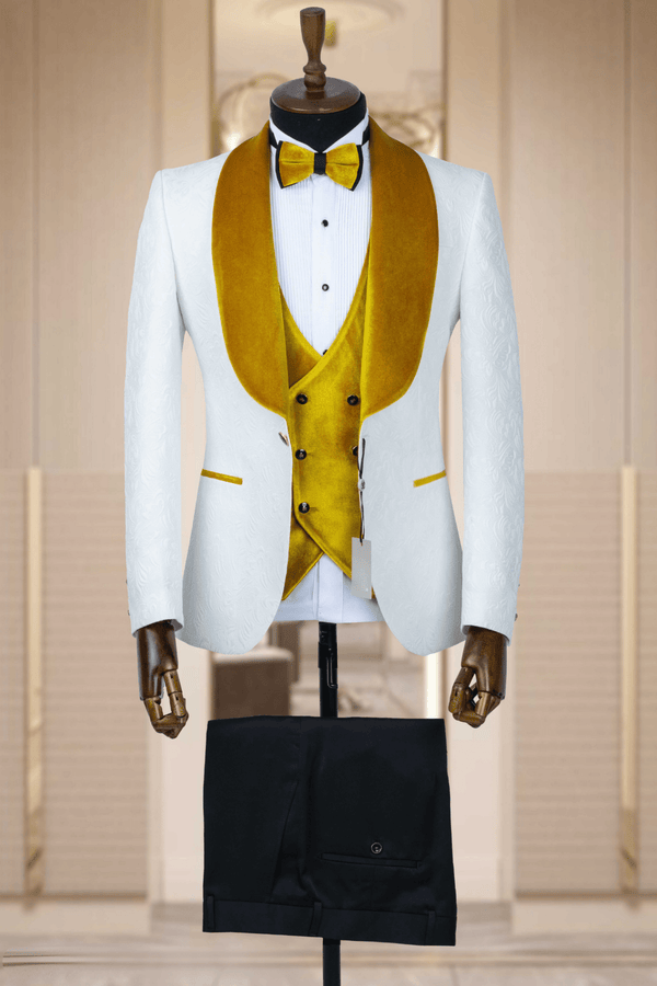 Ivory Tuxedo with Golden Velvet Accents for Grooms