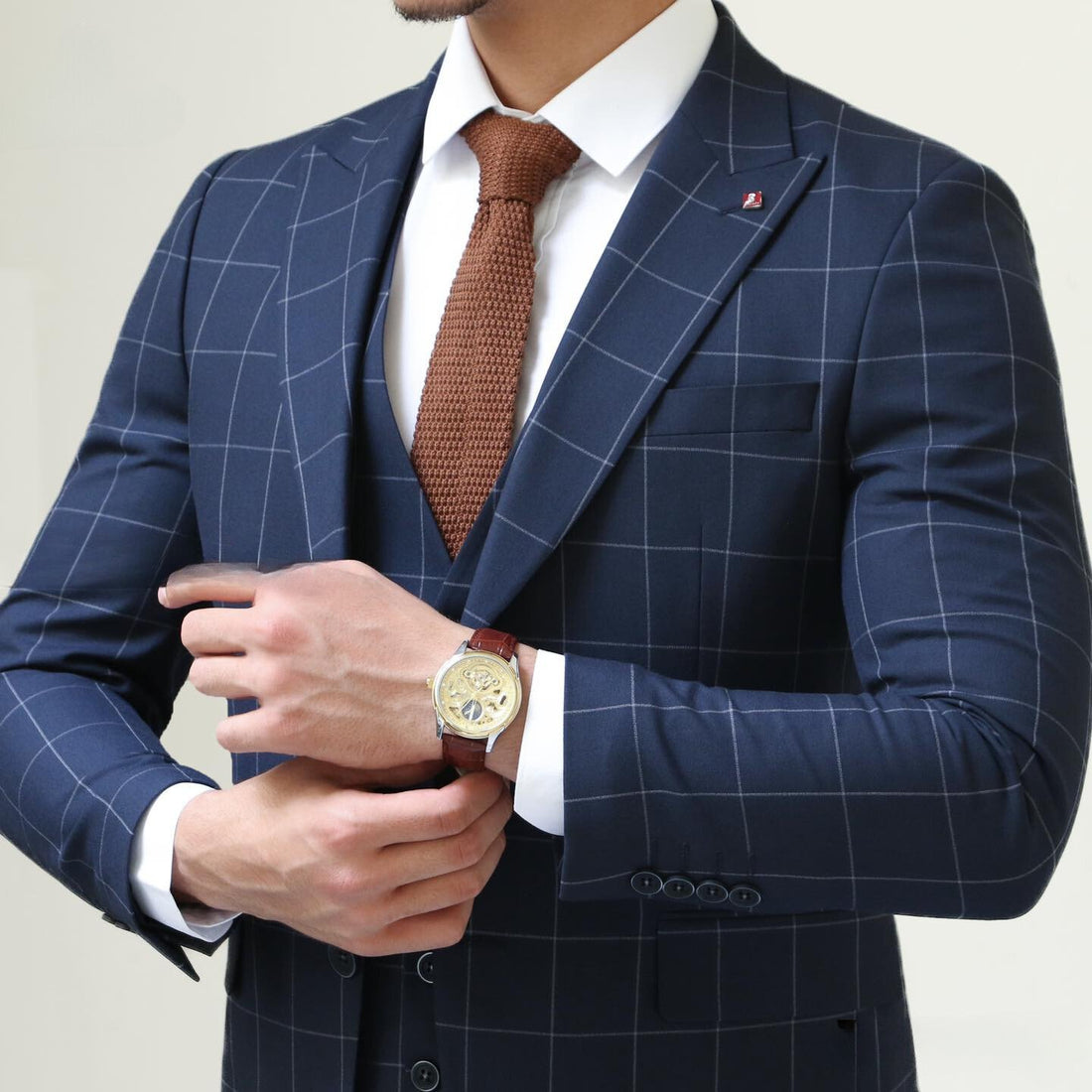 Navy Blue Checkered Three - Piece Suit for Distinguished Occasions - ABR Custom Tailors