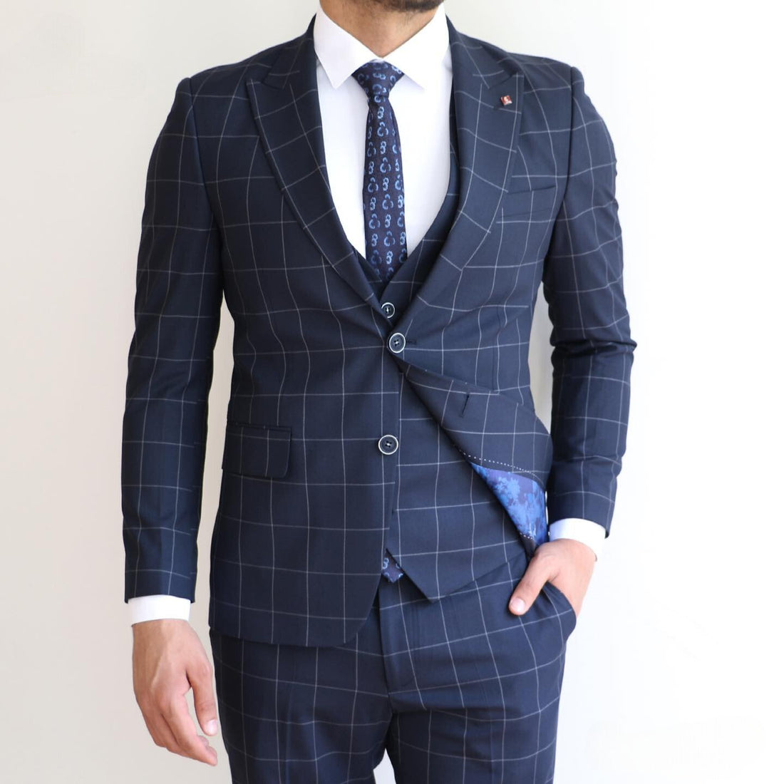 Navy Blue Checkered Three - Piece Suit for Distinguished Occasions - ABR Custom Tailors
