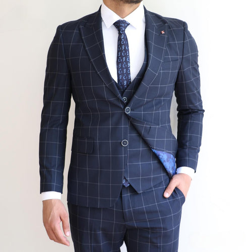 Navy Blue Checkered Three - Piece Suit for Distinguished Occasions - ABR Custom Tailors