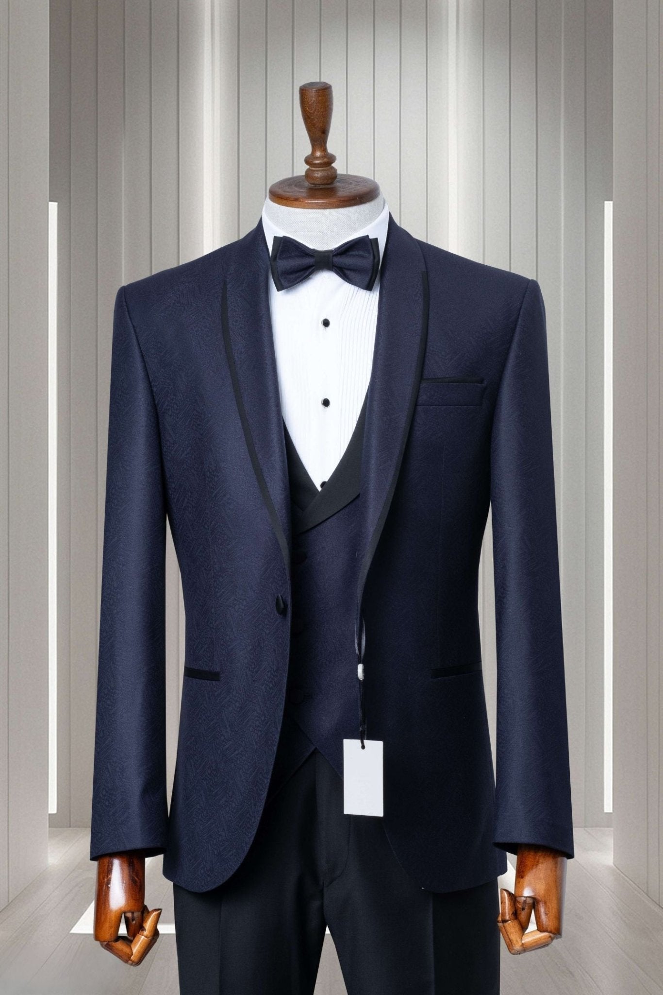 Navy Jacquard Tuxedo with Black Satin Lapel - ABR Custom Tailors