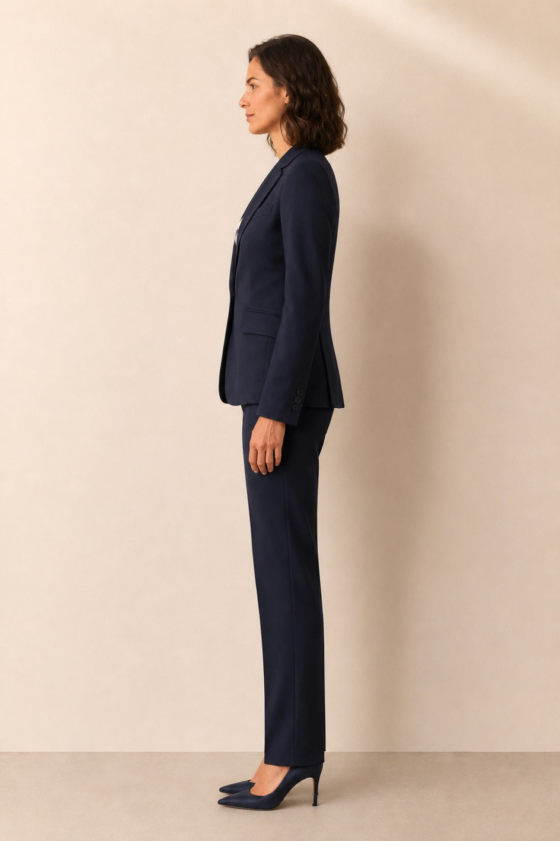 Navy women's pantsuit — side profile