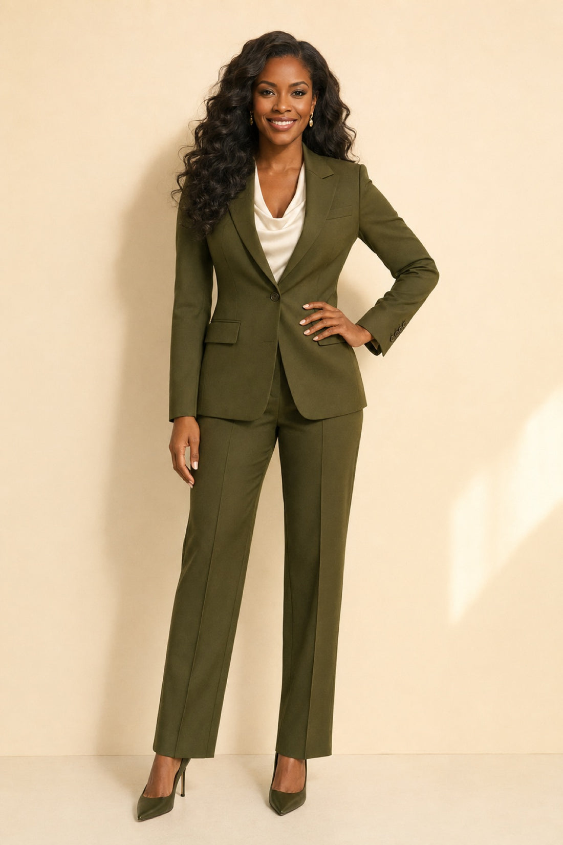 Olive tailored power suit