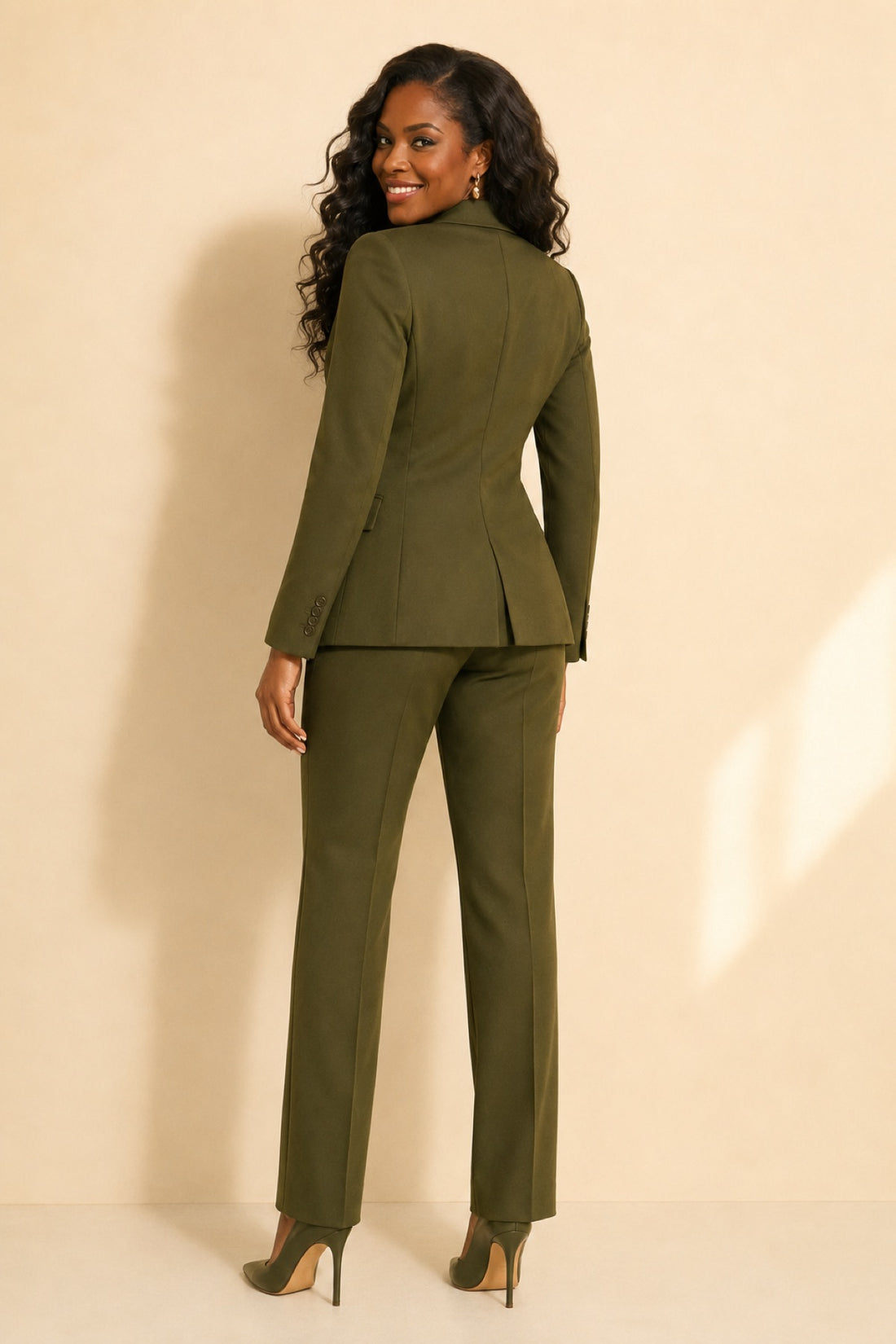 Olive suit — over-the-shoulder back view