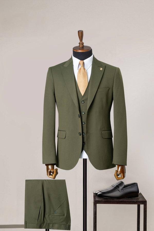 Olive Green Stretch Three-Piece Suit