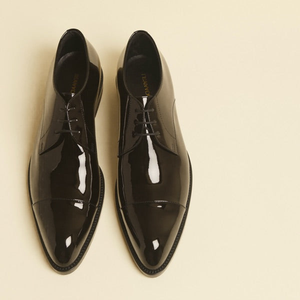 Black patent leather tuxedo shoes