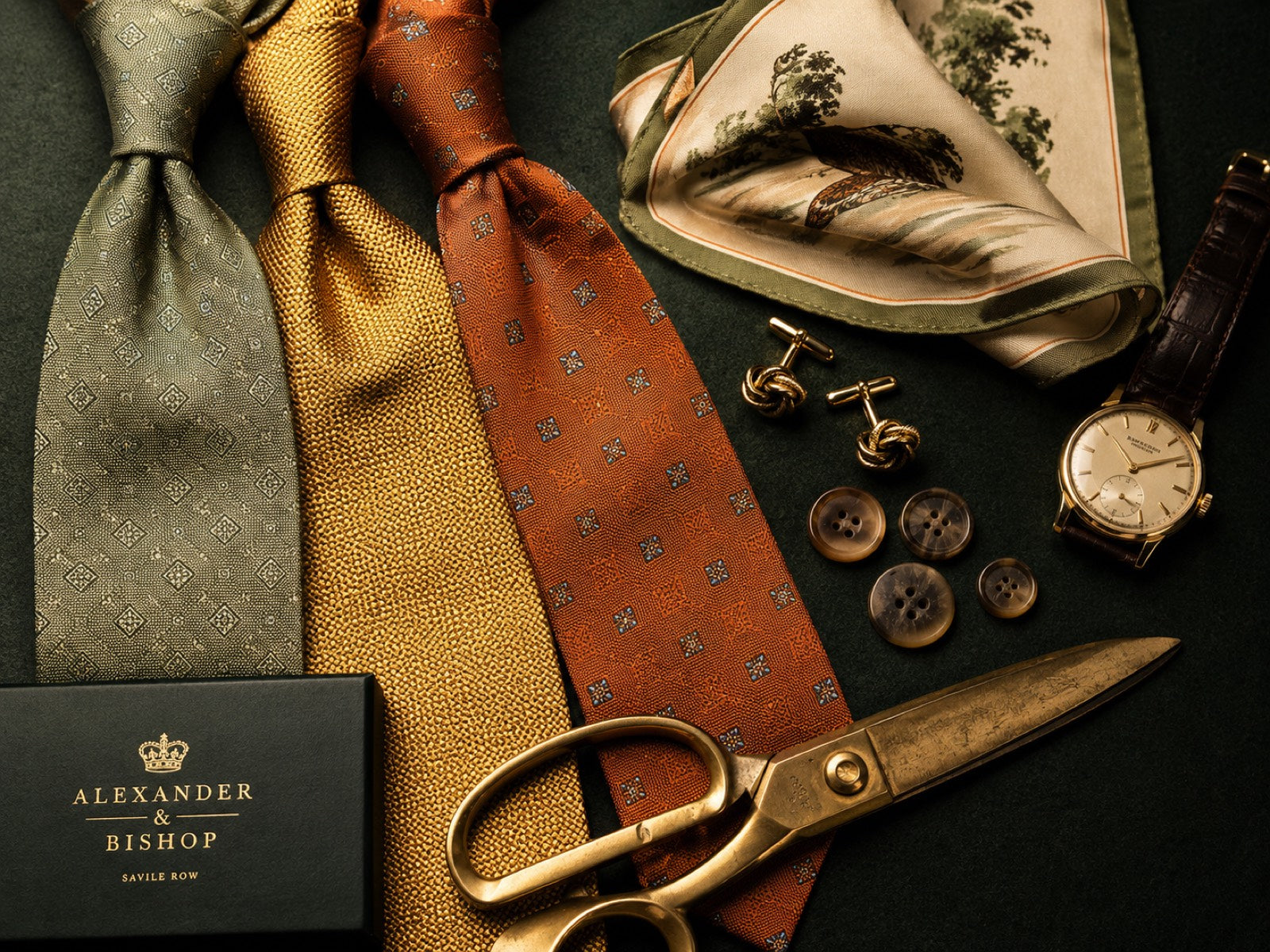 Silk ties in sage, gold and burnt orange with cufflinks and tailor's shears