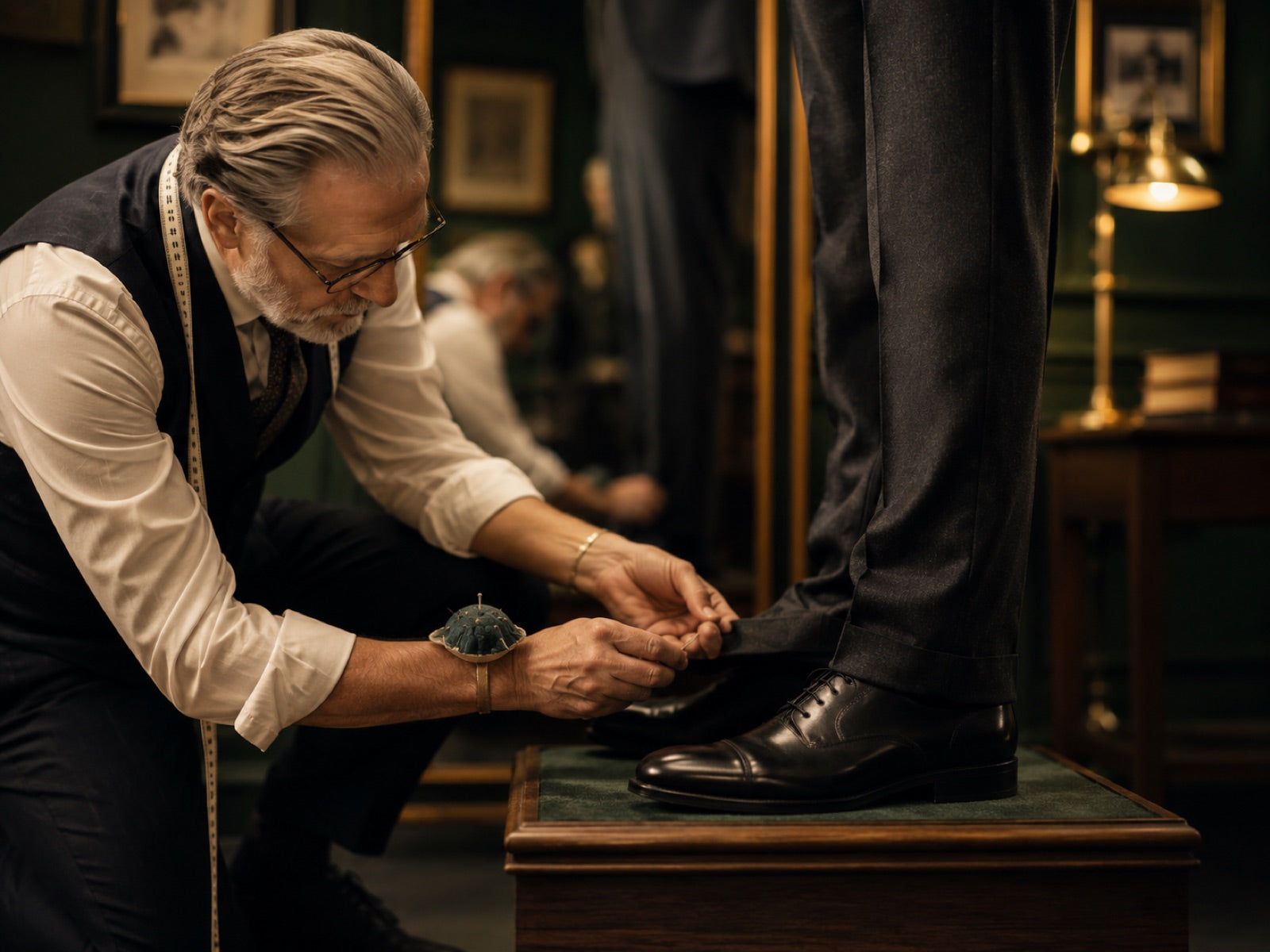 ABR master tailor pinning trousers during an alteration fitting in Greensboro
