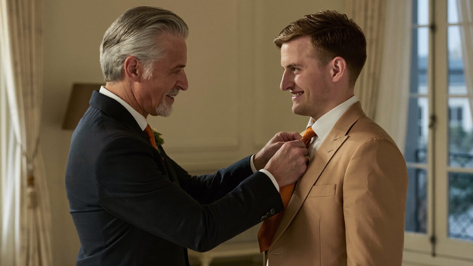 Father in navy adjusting his son the groom's burnt orange tie