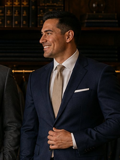Athletic build in a fitted navy suit