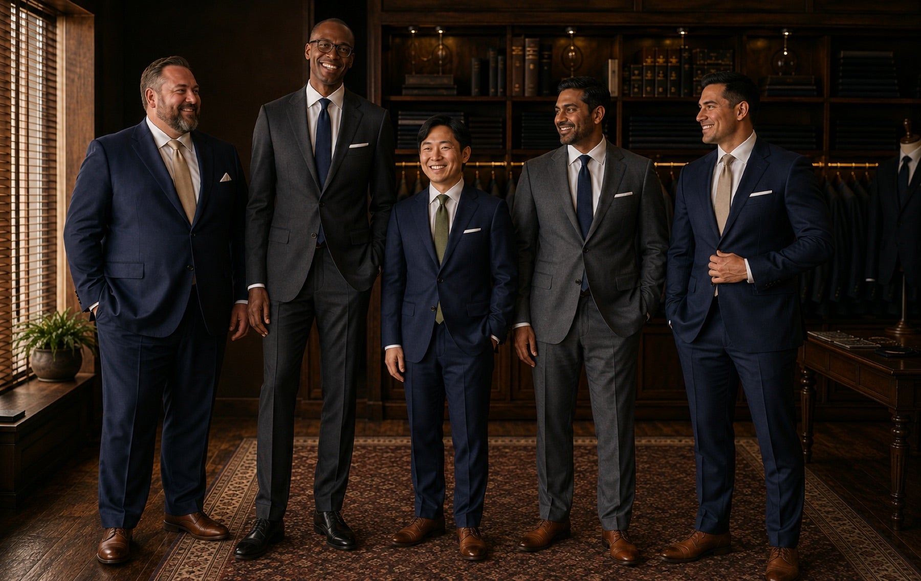 Five men of different builds — big, tall, short, average and athletic — all in perfectly fitted suits at ABR