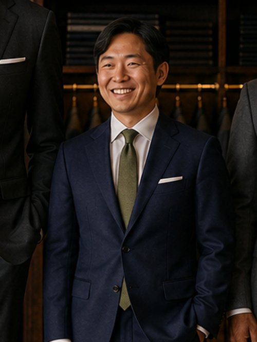 Shorter build in a fitted navy suit