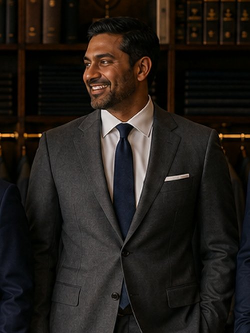 Slim build in a fitted grey suit