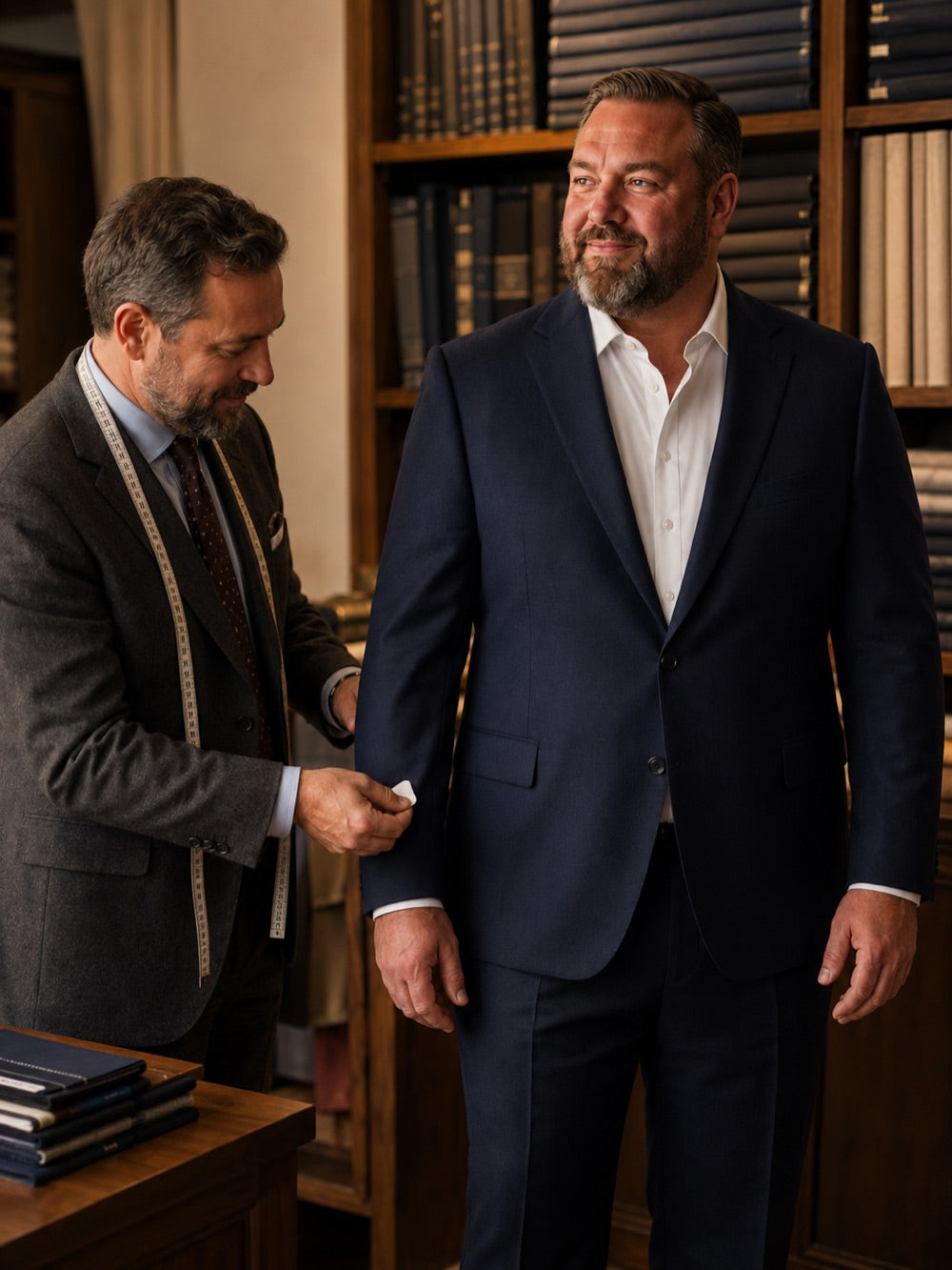 ABR master tailor fitting a navy suit in the store