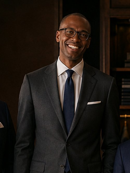 Tall build in a fitted charcoal suit