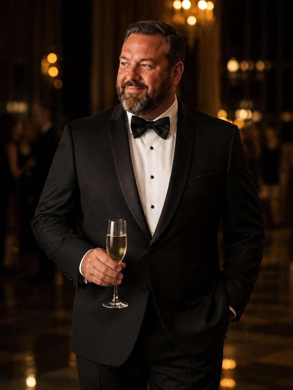 Big and tall man in a black tuxedo at an evening event