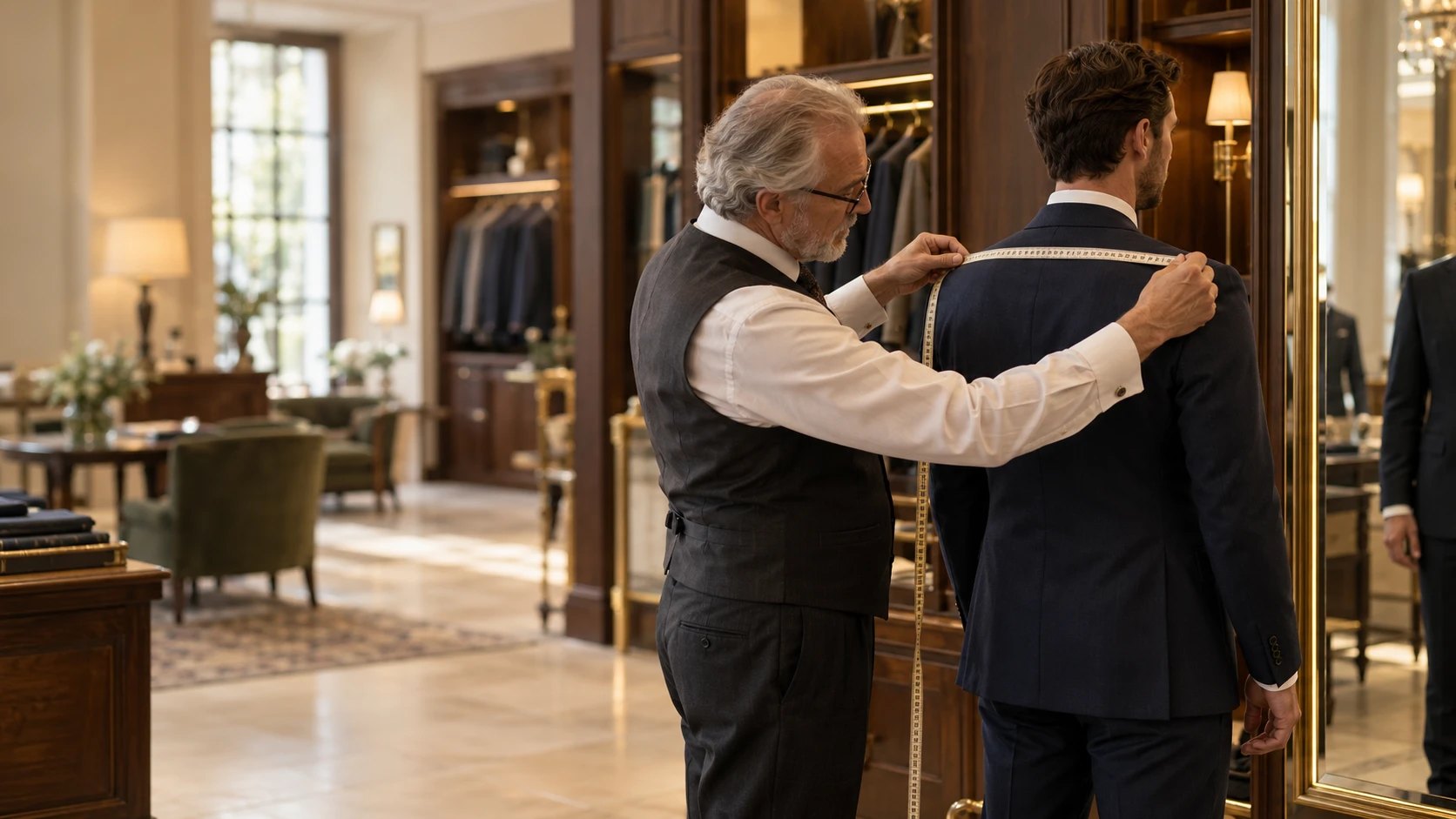 A tailor measuring a client for a custom suit in the workroom